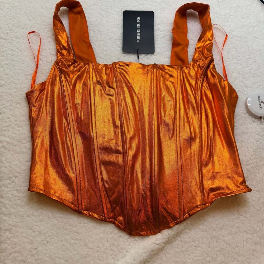 NWT PrettyLittleThing Metallic Copper Orange Corset Top Y2K